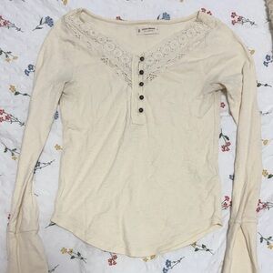 Lace Ribbed Henley Cotton Long Sleeve